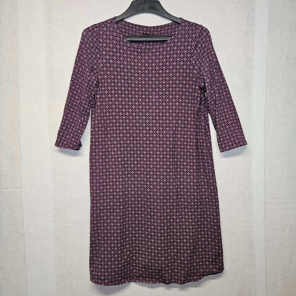 J. Jill Wearever Easy Pleat Back 3/4 Sleeve Dress Eggplant Retro Geo